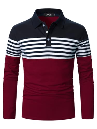 LUVCES Herren Polo Shirt Herren Langarm gestreift lässig Slim Fit Golf Polo Kontrast Farbe Baumwolle T-Shirts Tops Langarm Marineblau + Burgund XL von LUVCES