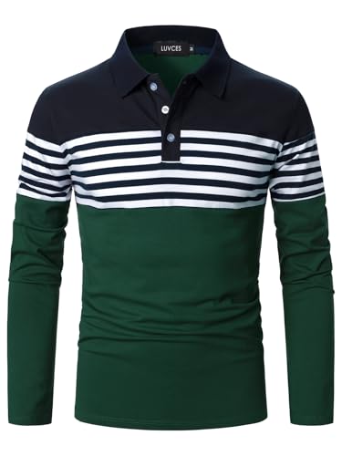 LUVCES Herren Polo Shirt Herren Langarm gestreift lässig Slim Fit Golf Polo Kontrast Farbe Baumwolle T-Shirts Tops Langarm Marineblau + Dunkelgrün M von LUVCES