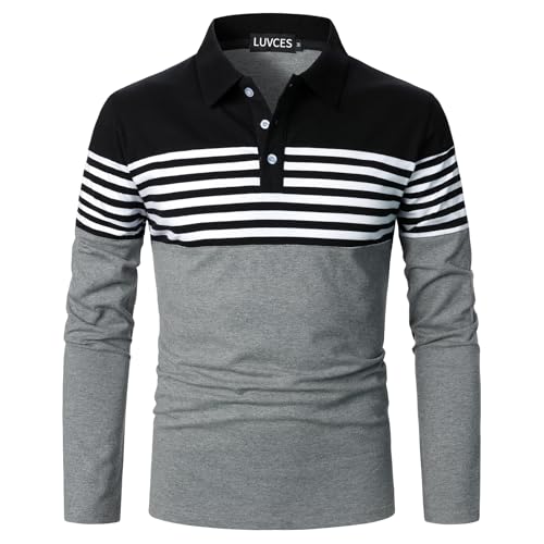 LUVCES Herren Polo Shirt Herren Langarm gestreift lässig Slim Fit Golf Polo Kontrast Farbe Baumwolle T-Shirts Tops Langarm Schwarz + Grau L von LUVCES