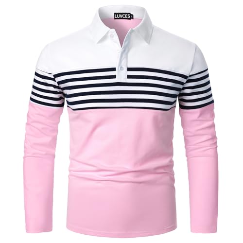 LUVCES Herren Polo Shirt Herren Langarm gestreift lässig Slim Fit Golf Polo Kontrast Farbe Baumwolle T-Shirts Tops Langarm Weiß + Rosa XL von LUVCES