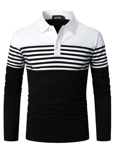 LUVCES Herren Polo Shirt Herren Langarm gestreift lässig Slim Fit Golf Polo Kontrast Farbe Baumwolle T-Shirts Tops Langarm weiß + schwarz M von LUVCES