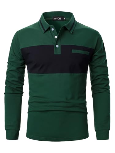 LUVCES Herren Polo Shirts Langarm lässig Farbe Block Golf Polo Shirt Kontrast Kragen Baumwolloberteile für Männer Langarm Grün + Marineblau XL von LUVCES
