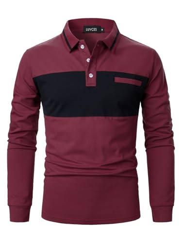 LUVCES Herren Polo Shirts Langarm lässig Farbe Block Golf Polo Shirt Kontrast Kragen Baumwolloberteile für Männer Langarm Marineblau + Burgund L von LUVCES
