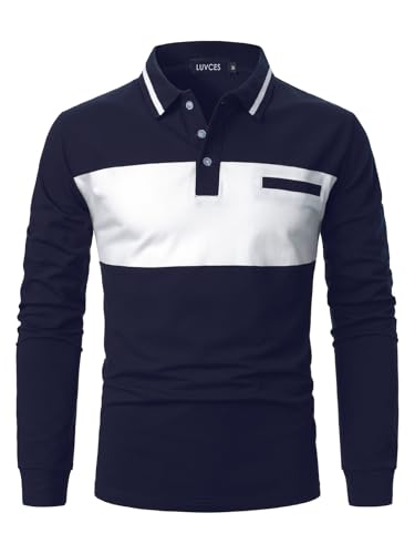 LUVCES Herren Polo Shirts Langarm lässig Farbe Block Golf Polo Shirt Kontrast Kragen Baumwolloberteile für Männer Langarm Marineblau + Weiß XL von LUVCES