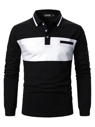 LUVCES Herren Polo Shirts Langarm lässig Farbe Block Golf Polo Shirt Kontrast Kragen Baumwolloberteile für Männer Langarm Schwarz + weiß L von LUVCES