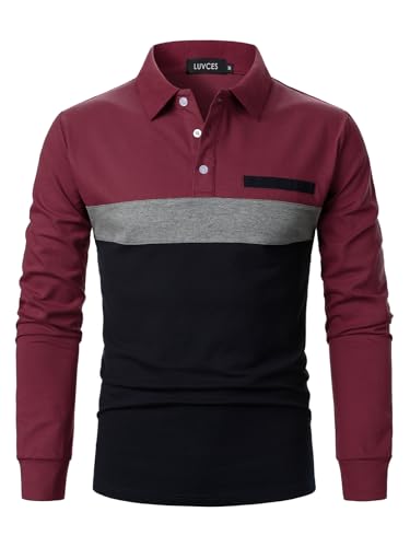 LUVCES Herren Poloshirts Langarm lässig Farbblock Golf Polo T-Shirt Stilvoller Kontrastkragen Baumwolloberteile für Männer Langarm Burgunderrot + Grau + Marineblau M von LUVCES