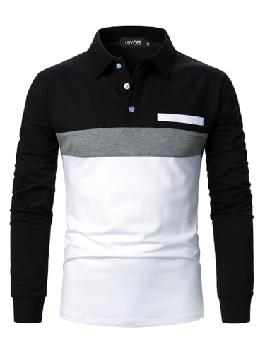 LUVCES Herren Poloshirts Langarm lässig Farbblock Golf Polo T-Shirt Stilvoller Kontrastkragen Baumwolloberteile für Männer Langarm Schwarz + Grau + Weiß M von LUVCES