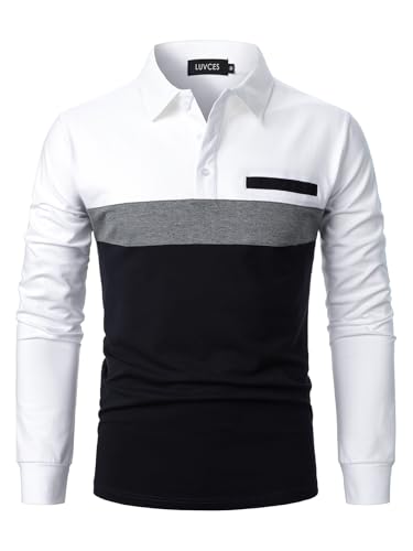 LUVCES Herren Poloshirts Langarm lässig Farbblock Golf Polo T-Shirt Stilvoller Kontrastkragen Baumwolloberteile für Männer Langarm Weiß+Grau+Marineblau S von LUVCES