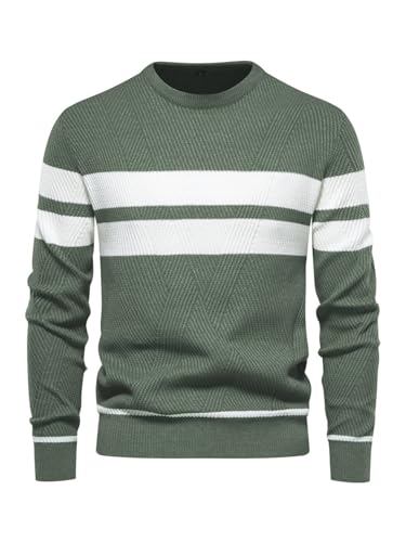 LUVCES Herren Pullover Lässig Farbe Block Rundhalsausschnitt Gestreifter Strickpullover Langarm Tägliches Tragen Top Armeegrün L von LUVCES