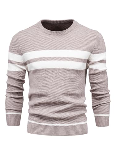 LUVCES Herren Pullover Lässig Farbe Block Rundhalsausschnitt Gestreifter Strickpullover Langarm Tägliches Tragen Top Beige XL von LUVCES