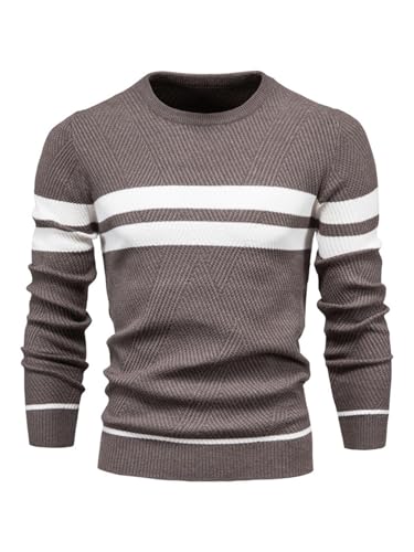 LUVCES Herren Pullover Lässig Farbe Block Rundhalsausschnitt Gestreifter Strickpullover Langarm Tägliches Tragen Top Braun M von LUVCES