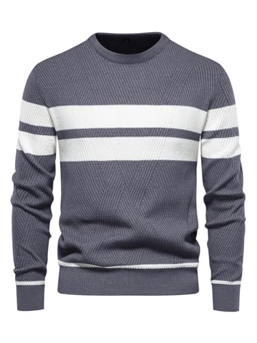 LUVCES Herren Pullover Lässig Farbe Block Rundhalsausschnitt Gestreifter Strickpullover Langarm Tägliches Tragen Top Grau M von LUVCES
