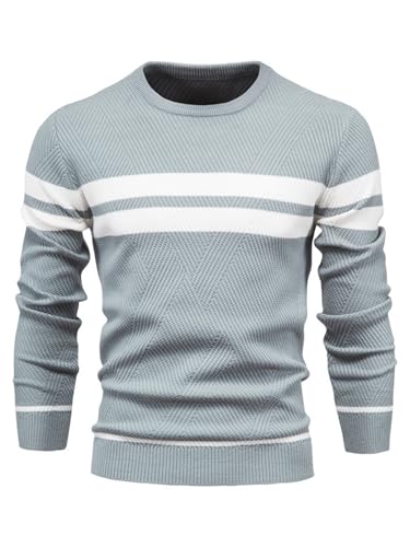 LUVCES Herren Pullover Lässig Farbe Block Rundhalsausschnitt Gestreifter Strickpullover Langarm Tägliches Tragen Top Hellblau S von LUVCES