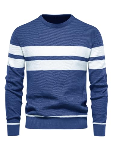 LUVCES Herren Pullover Lässig Farbe Block Rundhalsausschnitt Gestreifter Strickpullover Langarm Tägliches Tragen Top Königsblau M von LUVCES