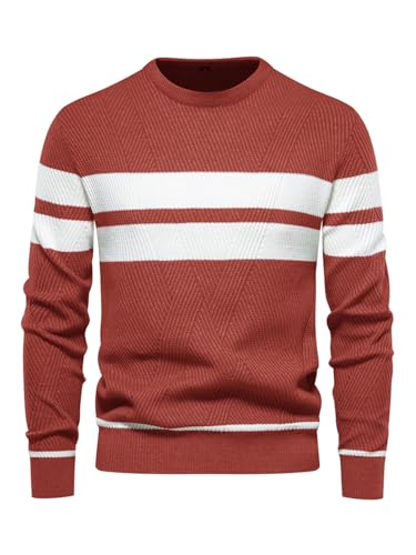 LUVCES Herren Pullover Lässig Farbe Block Rundhalsausschnitt Gestreifter Strickpullover Langarm Tägliches Tragen Top Rot S von LUVCES