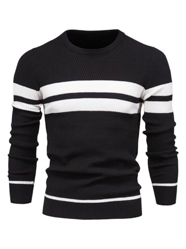 LUVCES Herren Pullover Lässig Farbe Block Rundhalsausschnitt Gestreifter Strickpullover Langarm Tägliches Tragen Top Schwarz M von LUVCES
