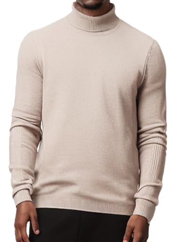 LUVCES Herren Pullover Winter Einfarbig Rollkragenpullover für Herren Rundhalspullover Casual Herbst Winter Gerippter Slim Fit Pullover Sweater Top Khaki XL von LUVCES