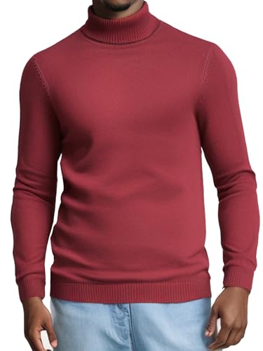 LUVCES Herren Pullover Winter Einfarbig Rollkragenpullover für Herren Rundhalspullover Casual Herbst Winter Gerippter Slim Fit Pullover Sweater Top Rotwein M von LUVCES