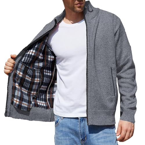 LUVCES Herren Strickjacke mit Reissverschluss Grobstrick Pullover Mantel Herren Cardigan Stehkragen Jacken mit Taschen Grau L von LUVCES