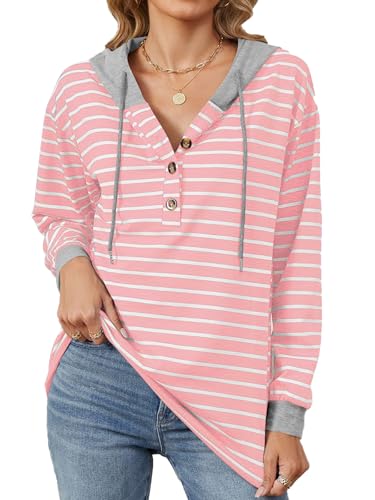 LUVCES Kapuzenpullover Damen Hoodie Lässig Langarm V-Ausschnitt Gestreift Knöpfen Pullover mit Kordelzug Hooded Sweatshirt Obertei Rosa Klein von LUVCES