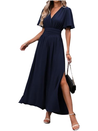 LUVCES Kleid Damen Elegant V Ausschnitt Plissiert Hohe Taille Langes Wickelkleid Kurzarm Seitenschlitz Maxikleid für Damen Marineblau L von LUVCES