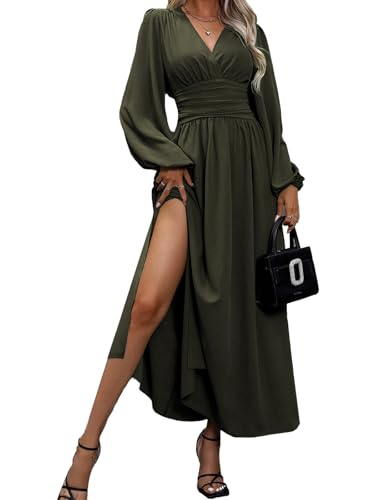 LUVCES Kleid Damen Elegant V Ausschnitt Plissiert Hohe Taille Langes Wickelkleid Laternenärmel Seitenschlitz Maxikleid für Damen Armeegrün XL von LUVCES