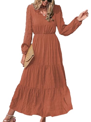 LUVCES Kleid Langarm Damen V Ausschnitt Gestuftes A Linie Böhmischen Rüsche Rand Lange Maxi Kleid Einfarbig Freizeitkleider für Damen Red S von LUVCES