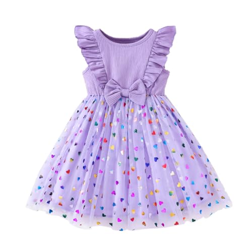 LUVCES Kleid Mädchen Rüschen Armellos Tutu Kleid Casual Sommer Blumen Paillettenrock Tüllkleider Prinzessin Party Sommerkleid Lila Pailletten 2-3 Jahre von LUVCES