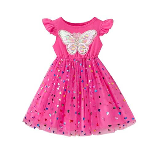 LUVCES Kleid Mädchen Rüschen Armellos Tutu Kleid Casual Sommer Blumen Paillettenrock Tüllkleider Prinzessin Party Sommerkleid Rosarote Pailletten 5-6 Jahre von LUVCES