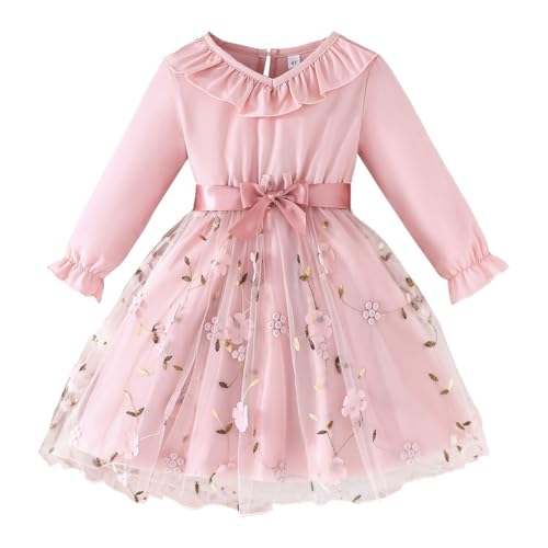LUVCES Kleid Mädchen Rüschen Langram Tutu Kleid Casual Herbst Blumen Liebesdruck Tüllkleider Prinzessin Party Winterkleid Rosa Blumen 5-6 Jahre von LUVCES