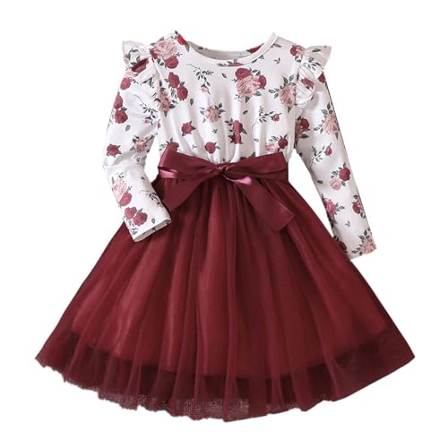 LUVCES Kleid Mädchen Rüschen Langram Tutu Kleid Casual Kleinkind Blumen Tutu Prinzessin Tülkleid Party Kinderkleider Weinrot 5-6 Jahre von LUVCES