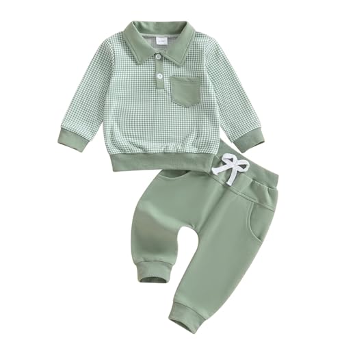 LUVCES Kleinkind Baby Jungen Kleidung Outfits Langarm Umlegekragen Einfarbig/Kariert Sweatshirt und Hose 2 Stück Herbst Winter Trainingsanzug Set Kariertes Grün 2-3 Jahre von LUVCES