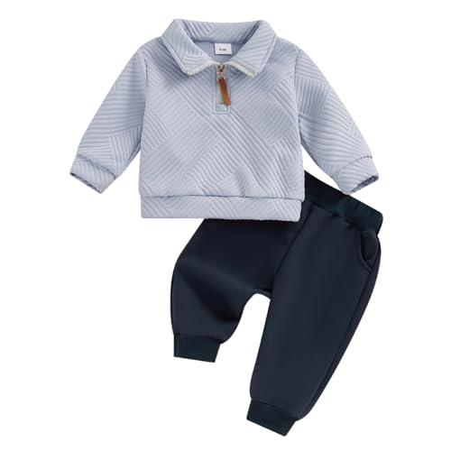 LUVCES Kleinkind Baby Jungen Kleidung Outfits Langarm Umlegekragen Einfarbig/Kariert Sweatshirt und Hose 2 Stück Herbst Winter Trainingsanzug Set Reißverschluss Typ Marineblau 0-6 Monate von LUVCES