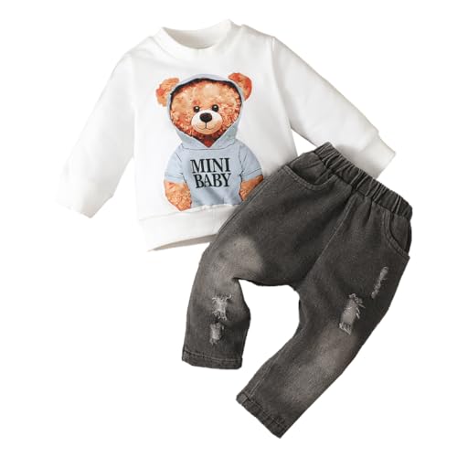 LUVCES Kleinkind Baby Jungen Kleidung Säugling Langarm Gedruckt Sweatshirt Tops Denim Zerrissene Jeanshose Outfit Set Weißer Bär 9-12 Monate von LUVCES