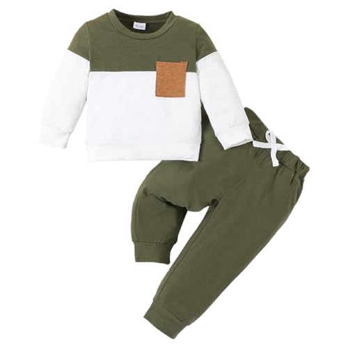 LUVCES Kleinkind Baby Jungen Outfit Farbblock/Buchstabendruck Sweatshirt Top+ Einfarbige Hose Baby Herbst Frühling 2-teiliges Kleidungsset Armeegrün Farbblock Mit Tasche 9-12 Monate von LUVCES