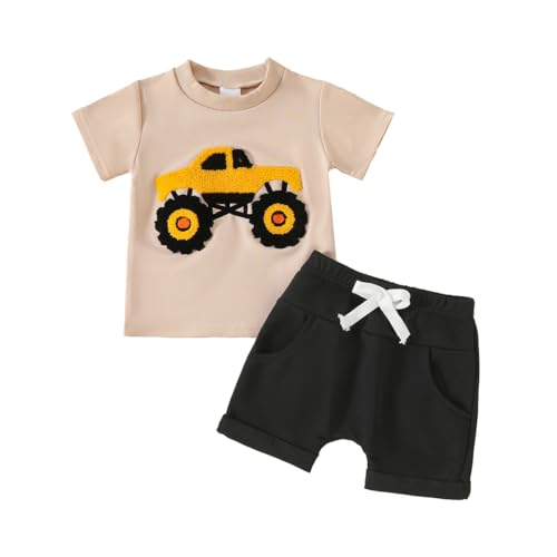 LUVCES Kleinkind Baby Jungen Sommerkleidung Trucks Buchstaben Stickerei Kurzarm T-Shirt Top Elastische Taille Shorts Set 2Pcs Sommer Outfit Aprikosen Truck 18-24 Monate von LUVCES