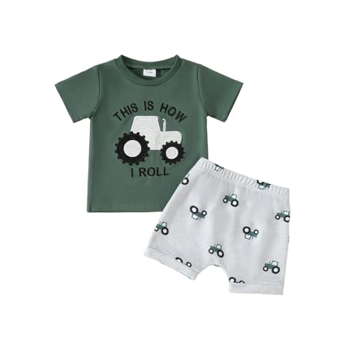 LUVCES Kleinkind Baby Jungen Sommerkleidung Trucks Buchstaben Stickerei Kurzarm T-Shirt Top Elastische Taille Shorts Set 2Pcs Sommer Outfit Grüner LKW 2-3 Jahre von LUVCES