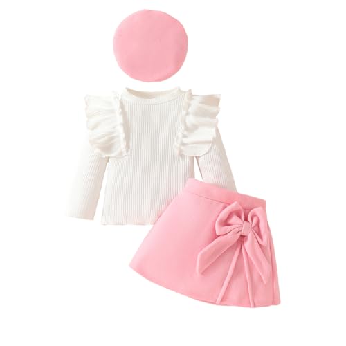 LUVCES Kleinkind Baby Madchen Herbst Winterkleidung Rock Set Gestrickt Ruffle Langarm Tops +Bowknot Mini Röcke Kleid + Baskenmütze 3Pcs Outfits Rosa 6-9 Monate von LUVCES