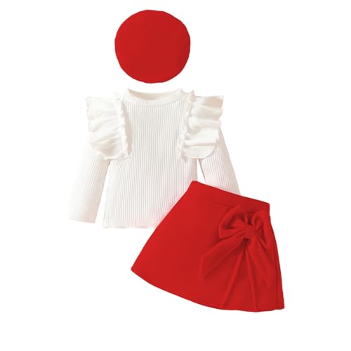 LUVCES Kleinkind Baby Madchen Herbst Winterkleidung Rock Set Gestrickt Ruffle Langarm Tops +Bowknot Mini Röcke Kleid + Baskenmütze 3Pcs Outfits Rot 6-9 Monate von LUVCES