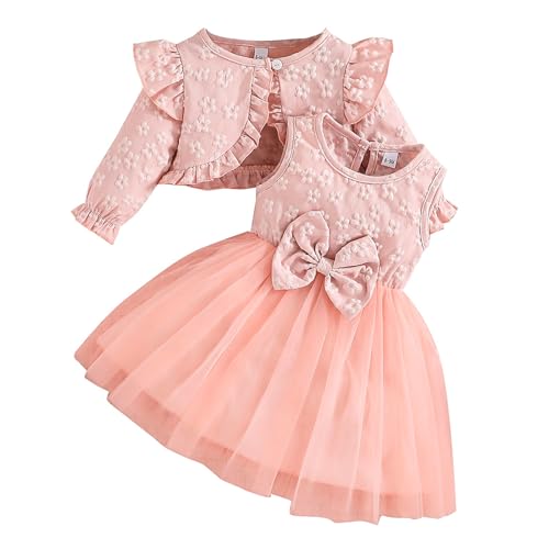 LUVCES Kleinkind Baby Mädchen Bowknot Tutu Kleid und Cardigan Set 2 Stück ärmellosem Tüllkleid mit Blumenmuster und Langarm Cardigan Outfit Rosa 6-9 Monate von LUVCES