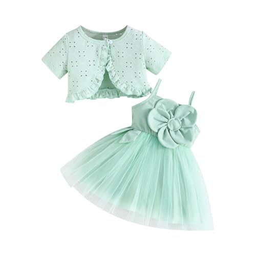 LUVCES Kleinkind Baby Mädchen Bowknot Tutu Kleid und Cardigan Set Sommer 2 Stück ärmellosem Tüllkleid und Kurzarm Cardigan Outfit Set Kurzarm Grün 18-24 Monate von LUVCES