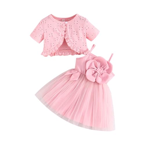 LUVCES Kleinkind Baby Mädchen Bowknot Tutu Kleid und Cardigan Set Sommer 2 Stück ärmellosem Tüllkleid und Kurzarm Cardigan Outfit Set Kurzarm Rosa 2-3 Jahre von LUVCES