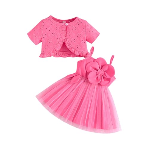LUVCES Kleinkind Baby Mädchen Bowknot Tutu Kleid und Cardigan Set Sommer 2 Stück ärmellosem Tüllkleid und Kurzarm Cardigan Outfit Set Kurzarm Rosenrot 9-12 Monate von LUVCES