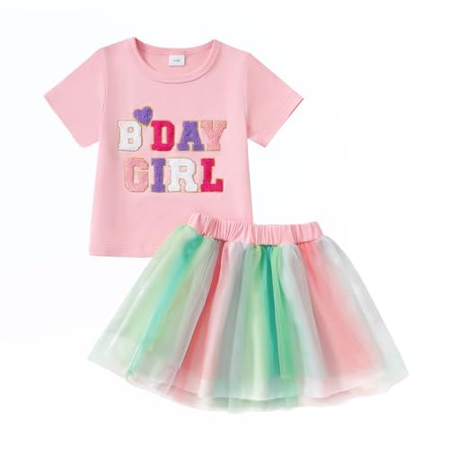 LUVCES Kleinkind Baby Mädchen Geburtstag Outfit Birthday Girl Buchstabenstickerei T-Shirt Tutu Tüllrock Set Kinder Geburtstagskleider Kleidung Rosa BDAY GIRL 2-3 Jahre von LUVCES