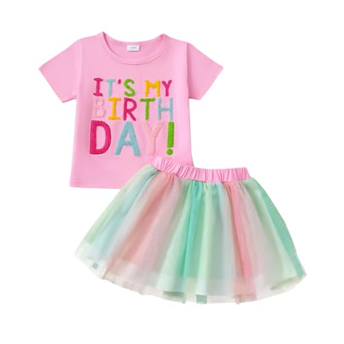 LUVCES Kleinkind Baby Mädchen Geburtstag Outfit Birthday Girl Buchstabenstickerei T-Shirt Tutu Tüllrock Set Kinder Geburtstagskleider Kleidung Rosa IT'S MY BIRTHDAY 4-5 Jahre von LUVCES