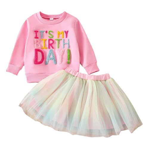 LUVCES Kleinkind Baby Mädchen Geburtstag Outfit Birthday Girl Buchstabenstickerei T-Shirt Tutu Tüllrock Set Kinder Geburtstagskleider Kleidung Rosa Langarm Sweatshirt 1-2 Jahre von LUVCES