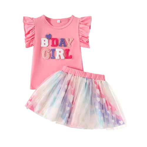 LUVCES Kleinkind Baby Mädchen Geburtstagsoutfit Stickerei Kurzarm T-shirt + Bunte Tutu Röcke Kleine Mädchen Sommer Geburtstag Kleidung Set Rosa BDAY GIRL 1-2 Jahre von LUVCES