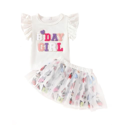 LUVCES Kleinkind Baby Mädchen Geburtstagsoutfit Stickerei Kurzarm T-shirt + Bunte Tutu Röcke Kleine Mädchen Sommer Geburtstag Kleidung Set Weiß BDAY GIRL 1-2 Jahre von LUVCES
