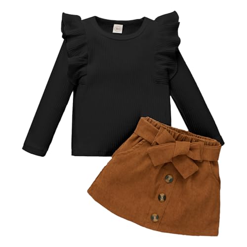 LUVCES Kleinkind Baby Mädchen Herbst Winter Rock Set gestrickt Ruffle lange Ärmel Tops &Button Mini Röcke Kleid 2Pcs Outfits B:Schwarz+ Braun 12-18 Monate von LUVCES