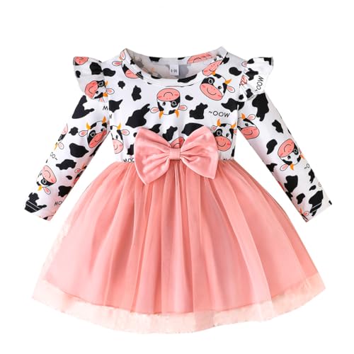 LUVCES Kleinkind Baby Mädchen Kleid Outfit Süßes Kuh-Print Langarm Bowknot Tutu Kleid und Stirnband Kleidungsset Kuhdruck rosa 6-12 Monate von LUVCES